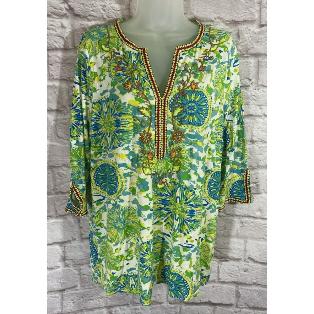 Soft Surroundings Tunic Top M Sequin Beads‎ Embroidered Bright Artsy Art To Wear